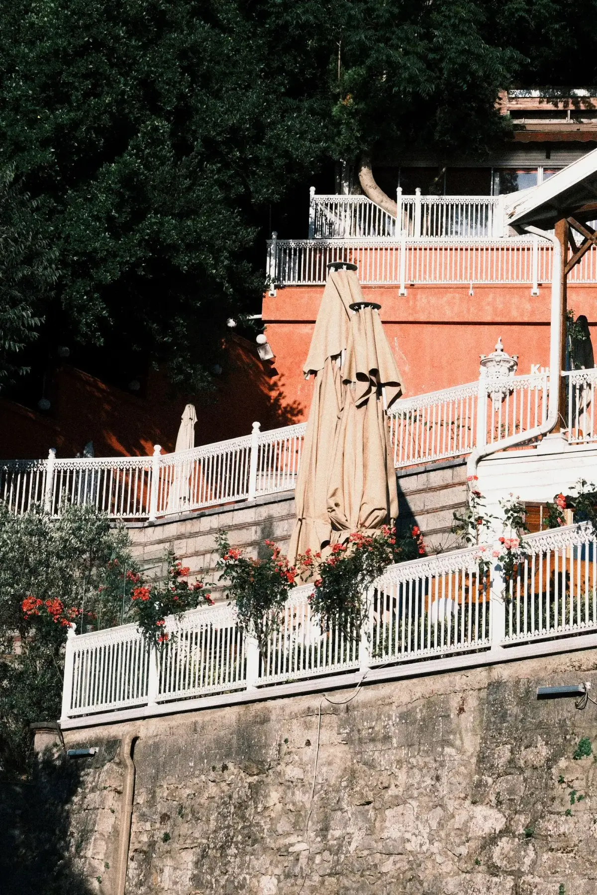 Terraza con macetas de flores en el barandal